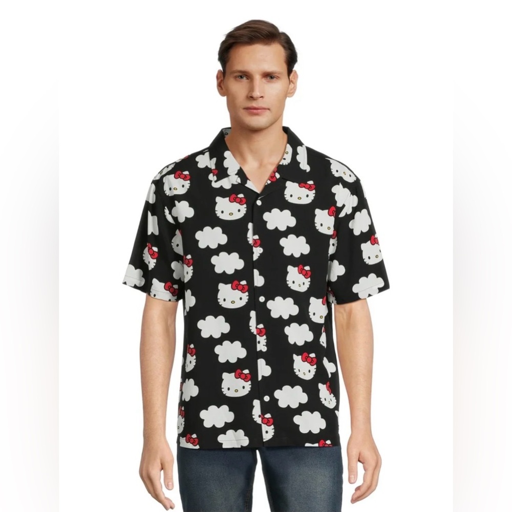 Sanrio Hello Kitty Men’s Resort Shirt Black Short Sleeve Button Up Size L 42/44
